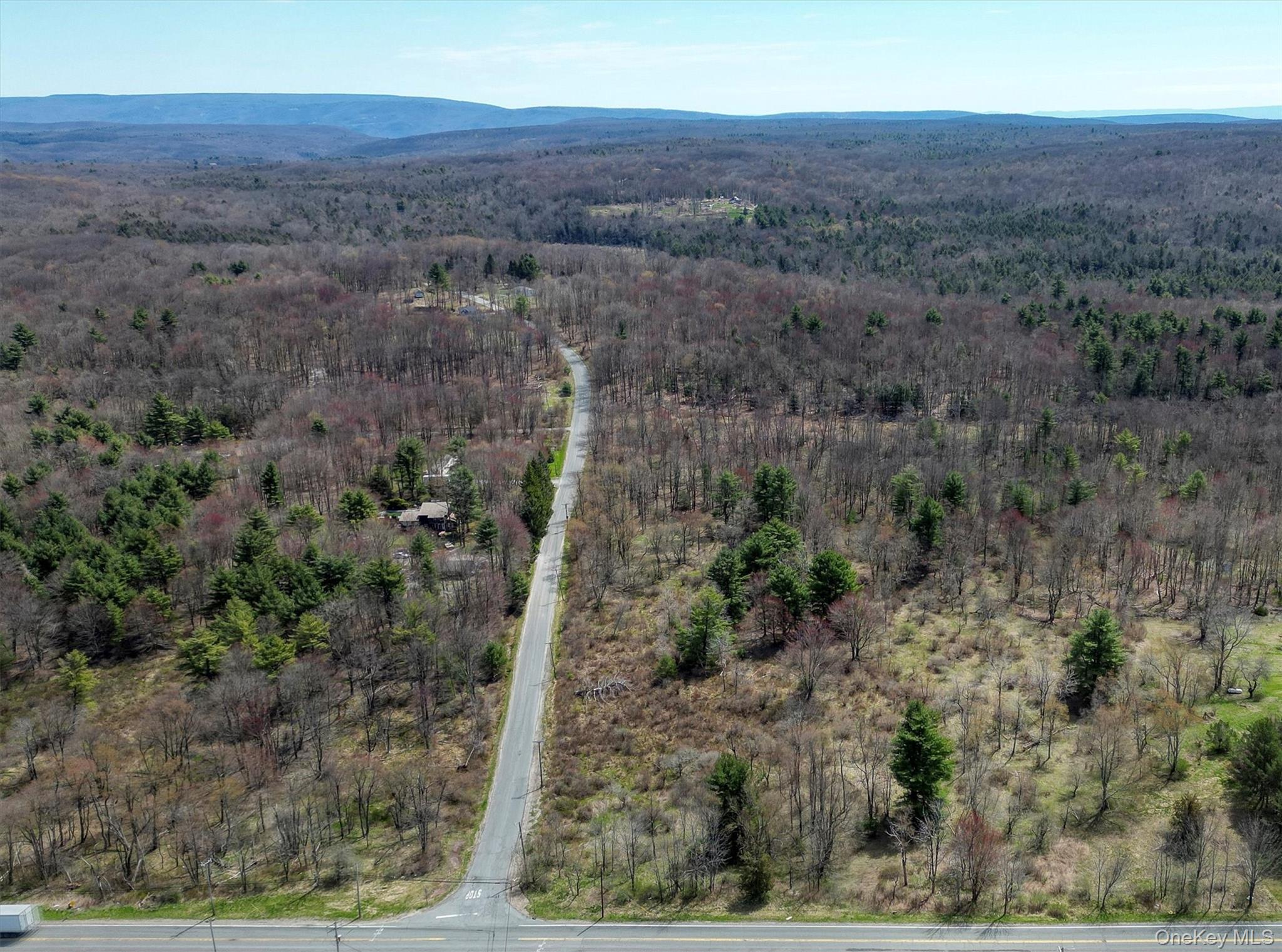 Aerial view of property's location featuring a forest and a mountainous background