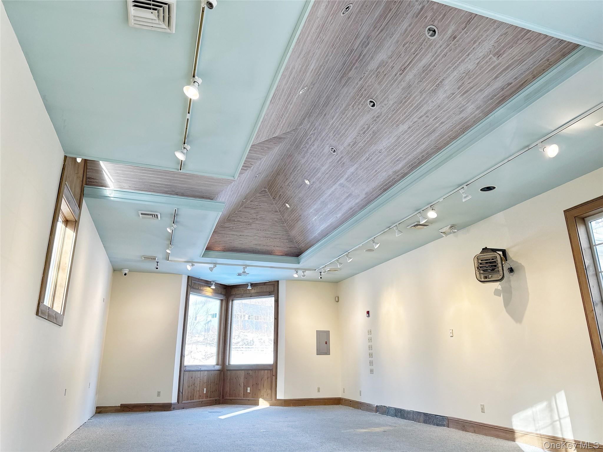 Carpeted empty room with electric panel and wood ceiling