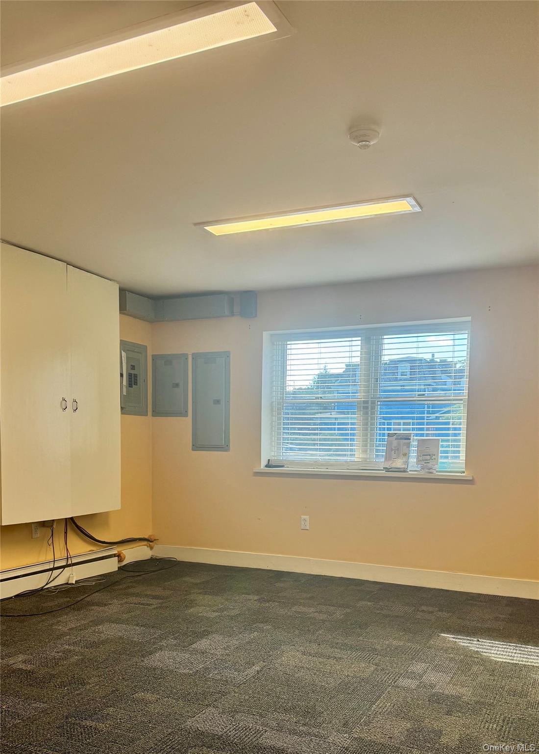 Unfurnished room with electric panel, dark colored carpet, and a baseboard radiator