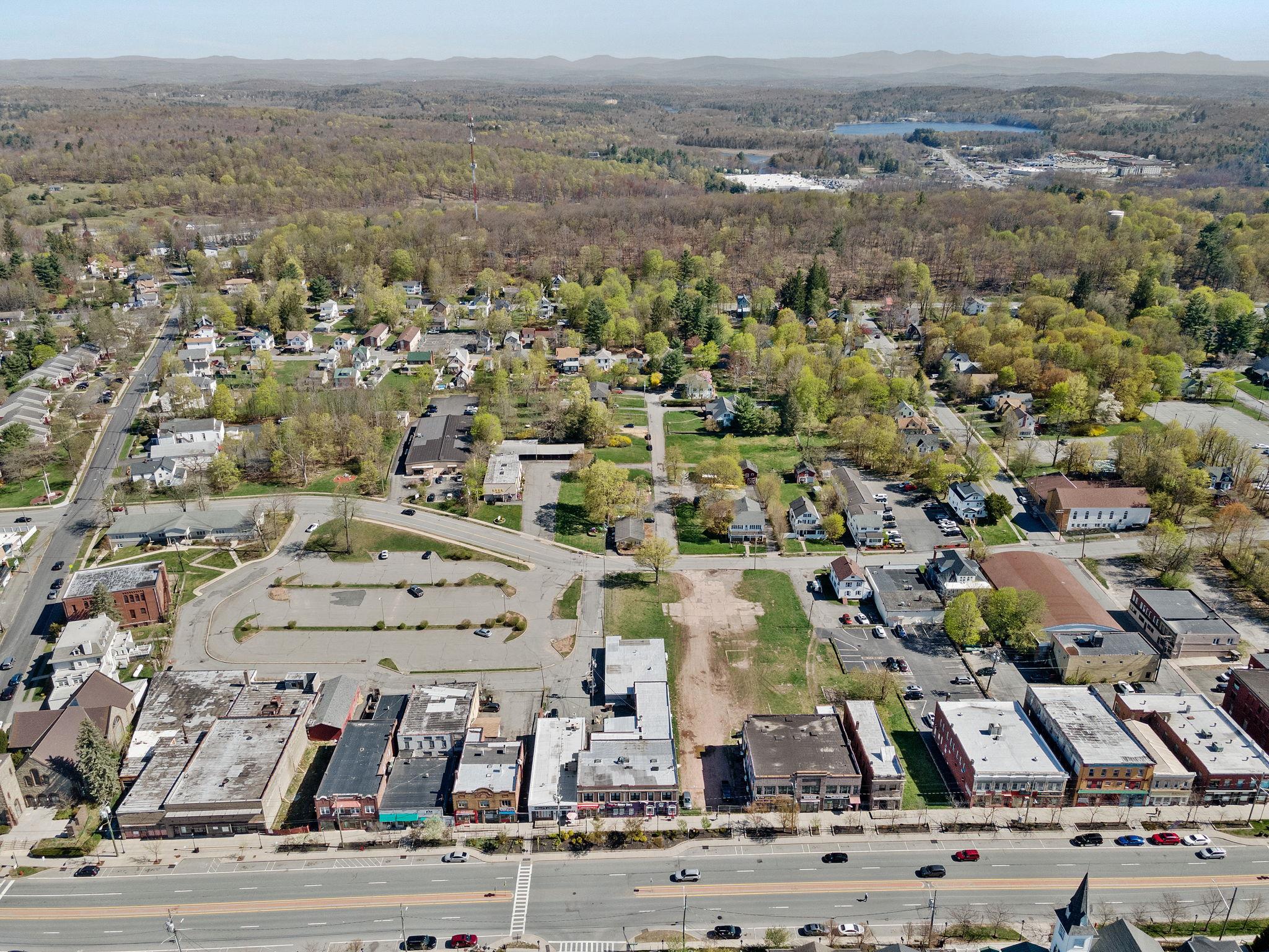 Aerial view of property's location with a forest and a mountainous background