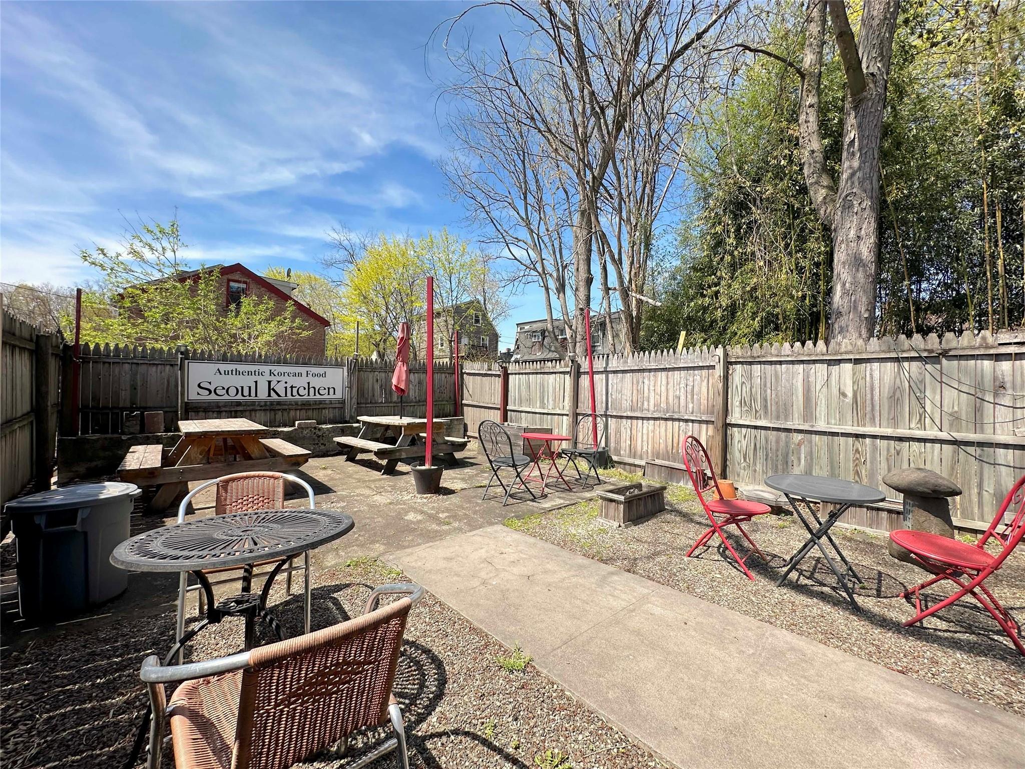 Fenced backyard with a patio