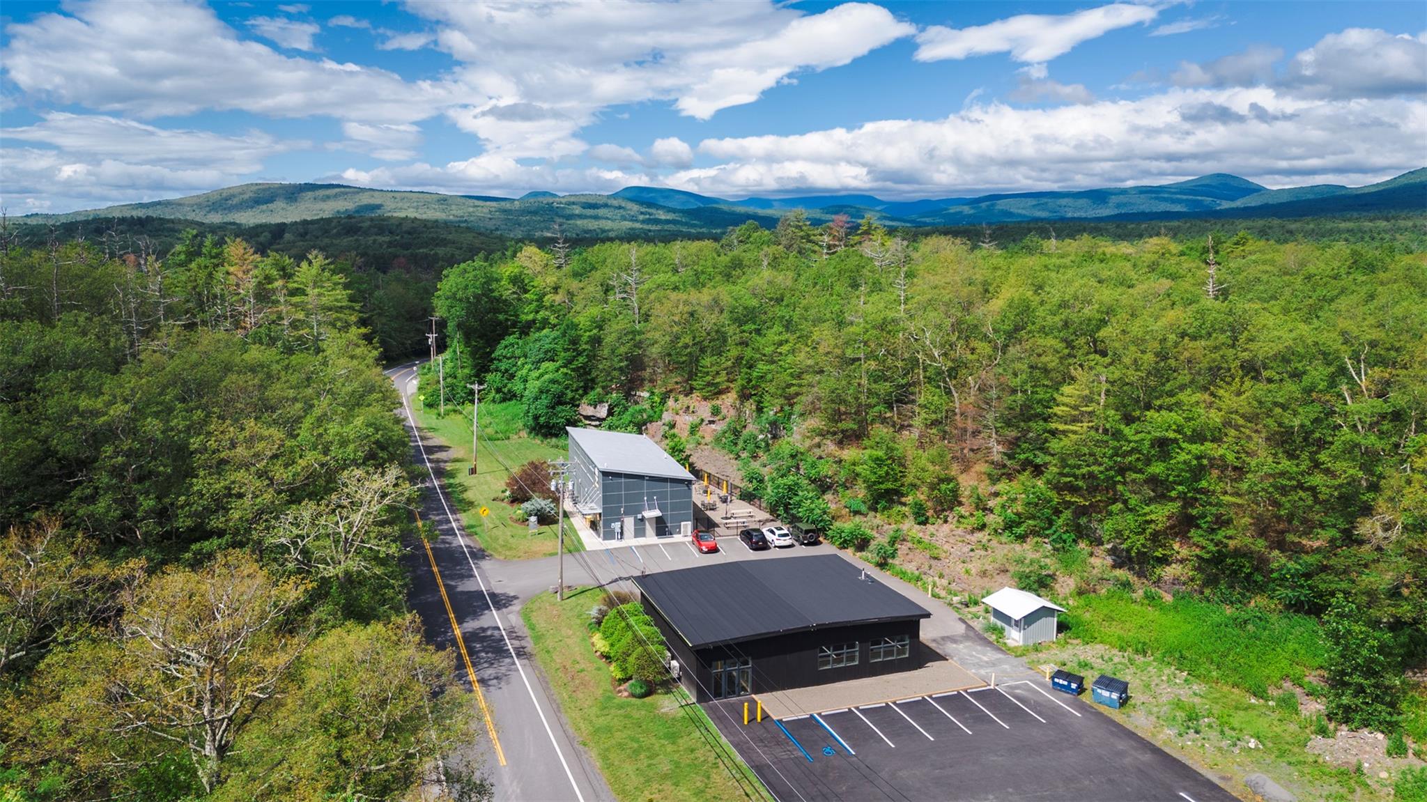 Drone / aerial view of a heavily wooded area and a mountain backdrop