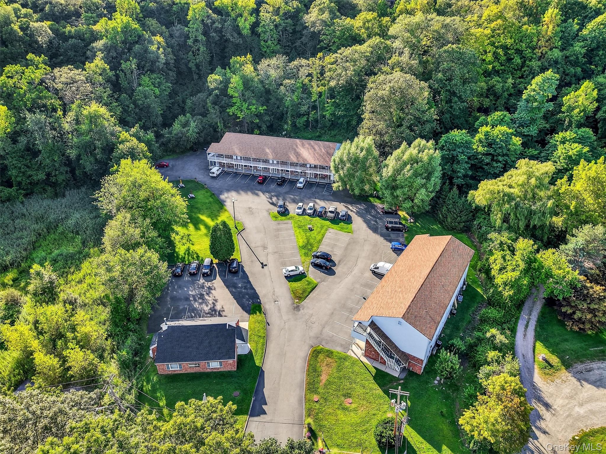 Aerial view of a heavily wooded area