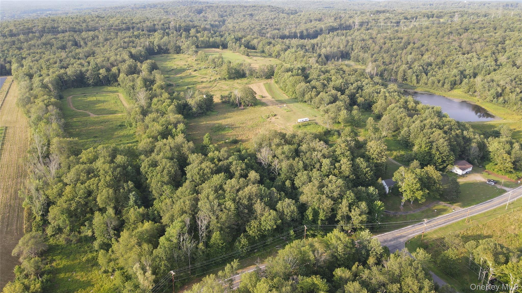 Aerial view of property's location featuring a large body of water and a forest