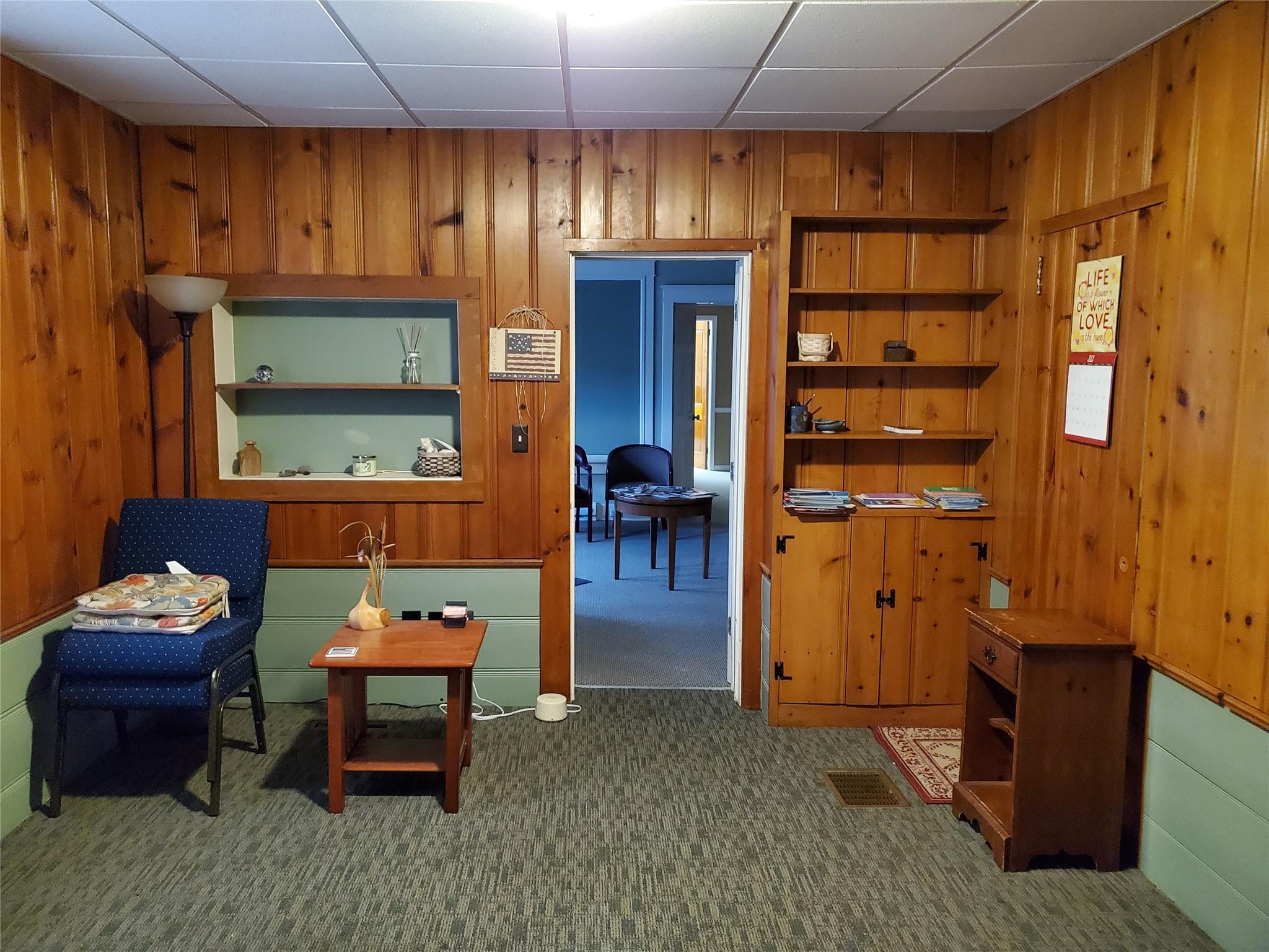 Living area featuring wood walls, carpet, and built in shelves