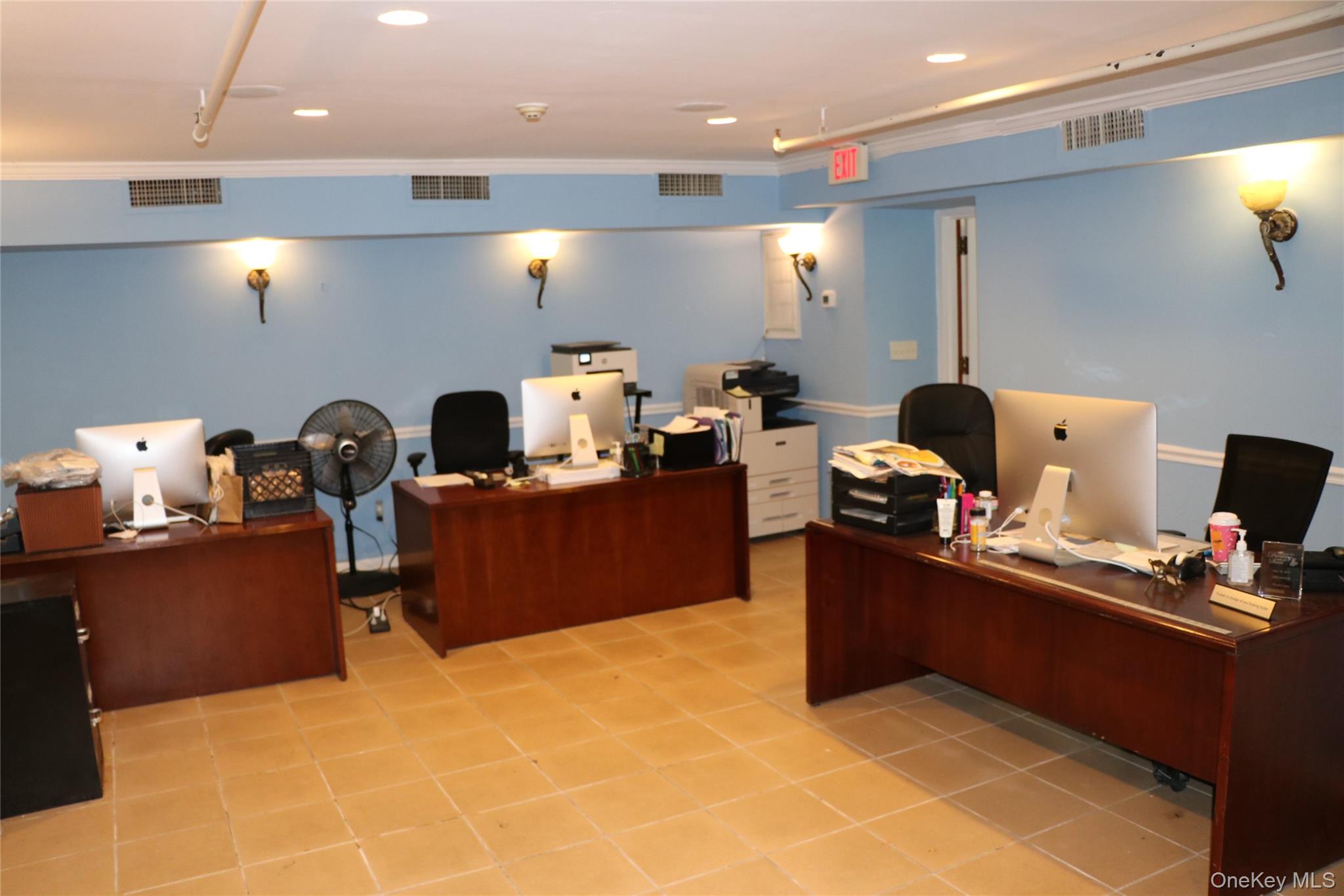Home office with crown molding, recessed lighting, and light tile patterned floors