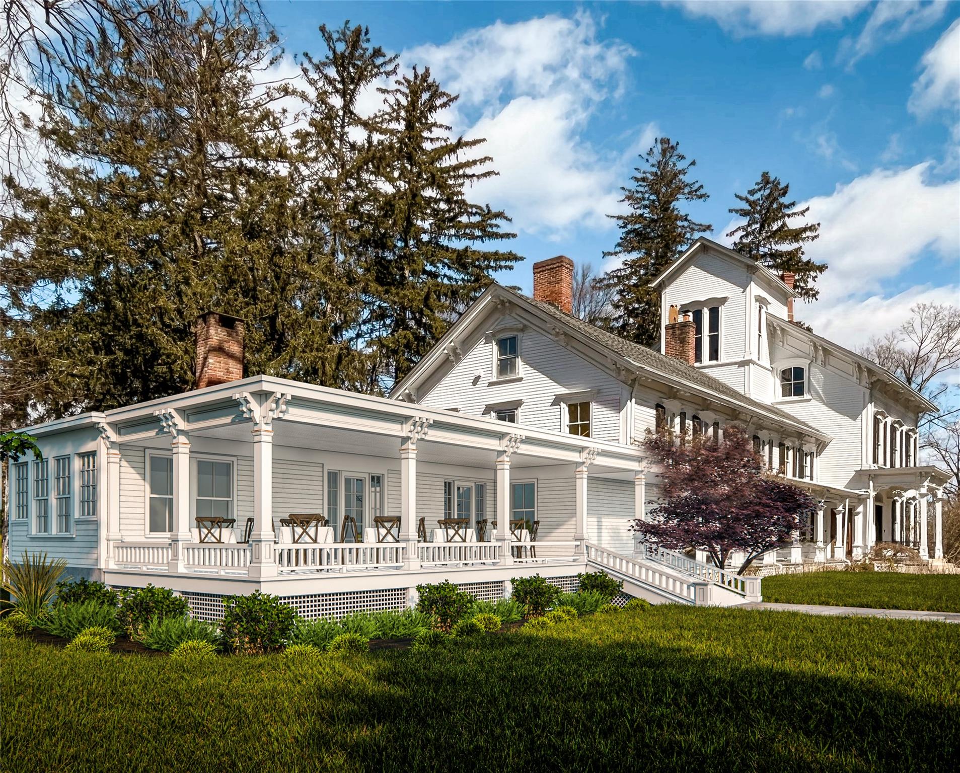 Italianate house with a chimney, a front lawn, and a porch