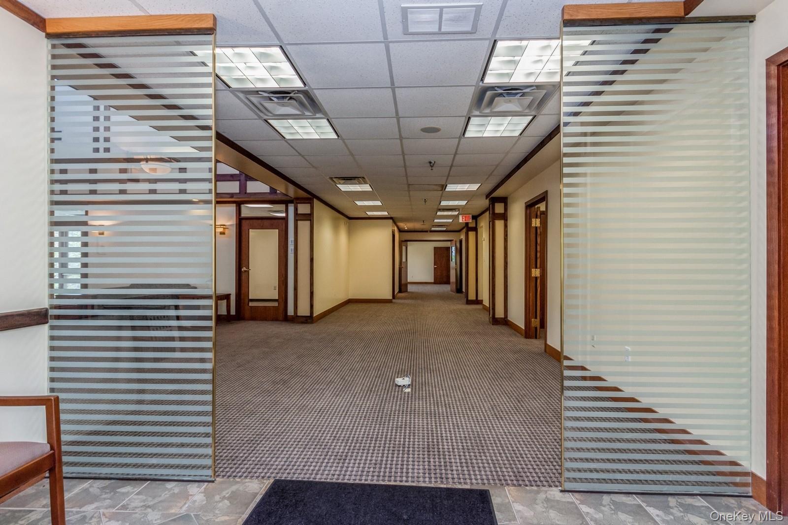 Hallway featuring a paneled ceiling and carpet flooring