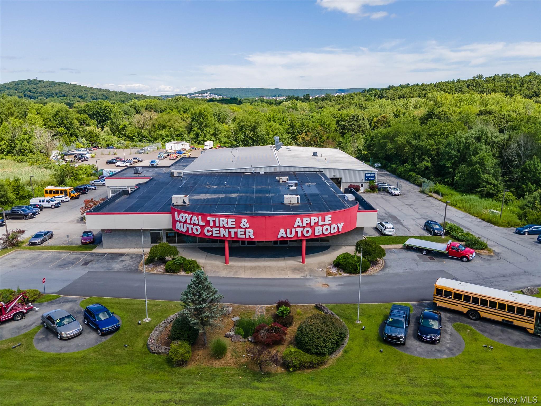 Bird's eye view of a commercial area and a forest