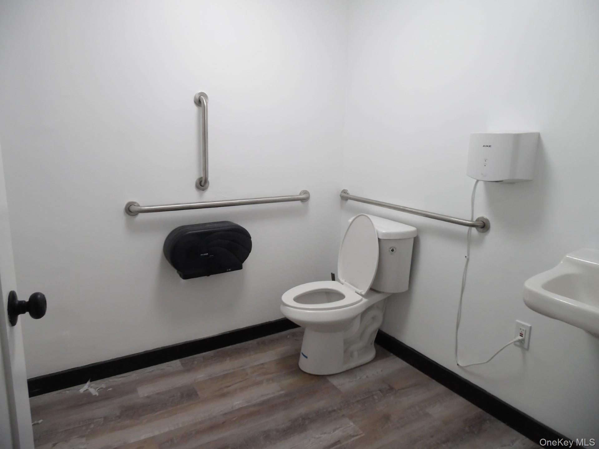 ADA Bathroom with light wood-style flooring and toilet