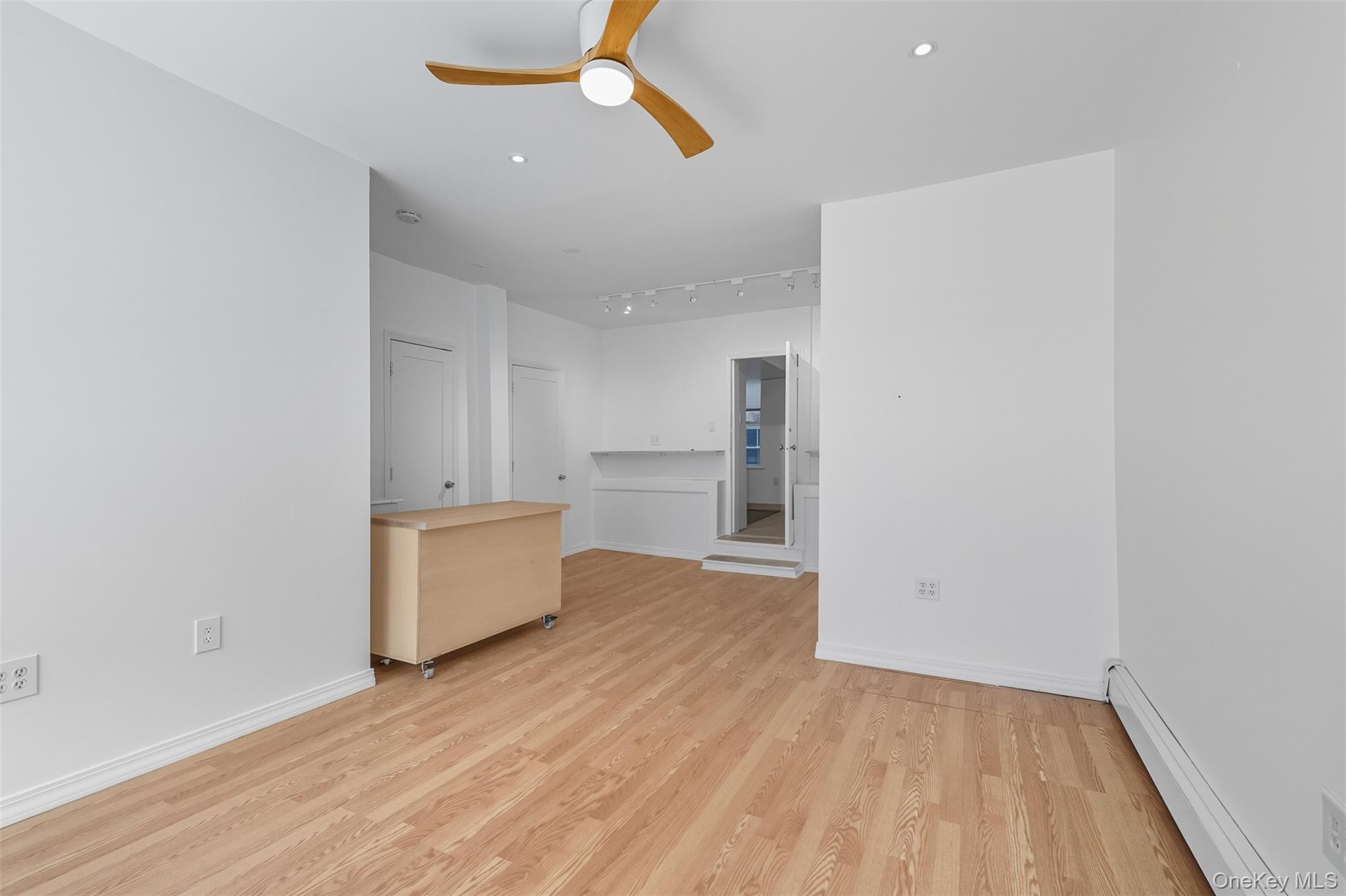 Unfurnished room with a baseboard radiator, light wood-style floors, a ceiling fan, track lighting, and recessed lighting