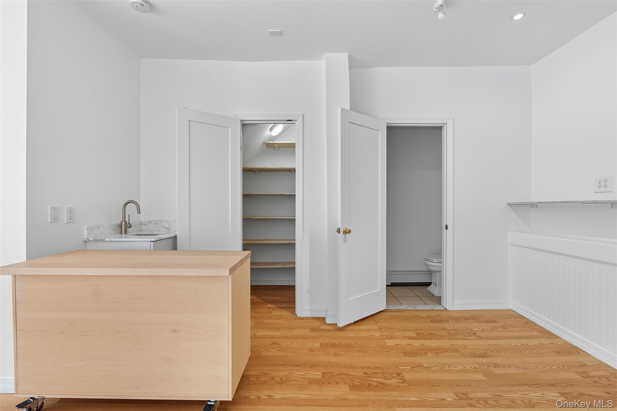 Bar with light wood-style flooring, light countertops, and a baseboard radiator
