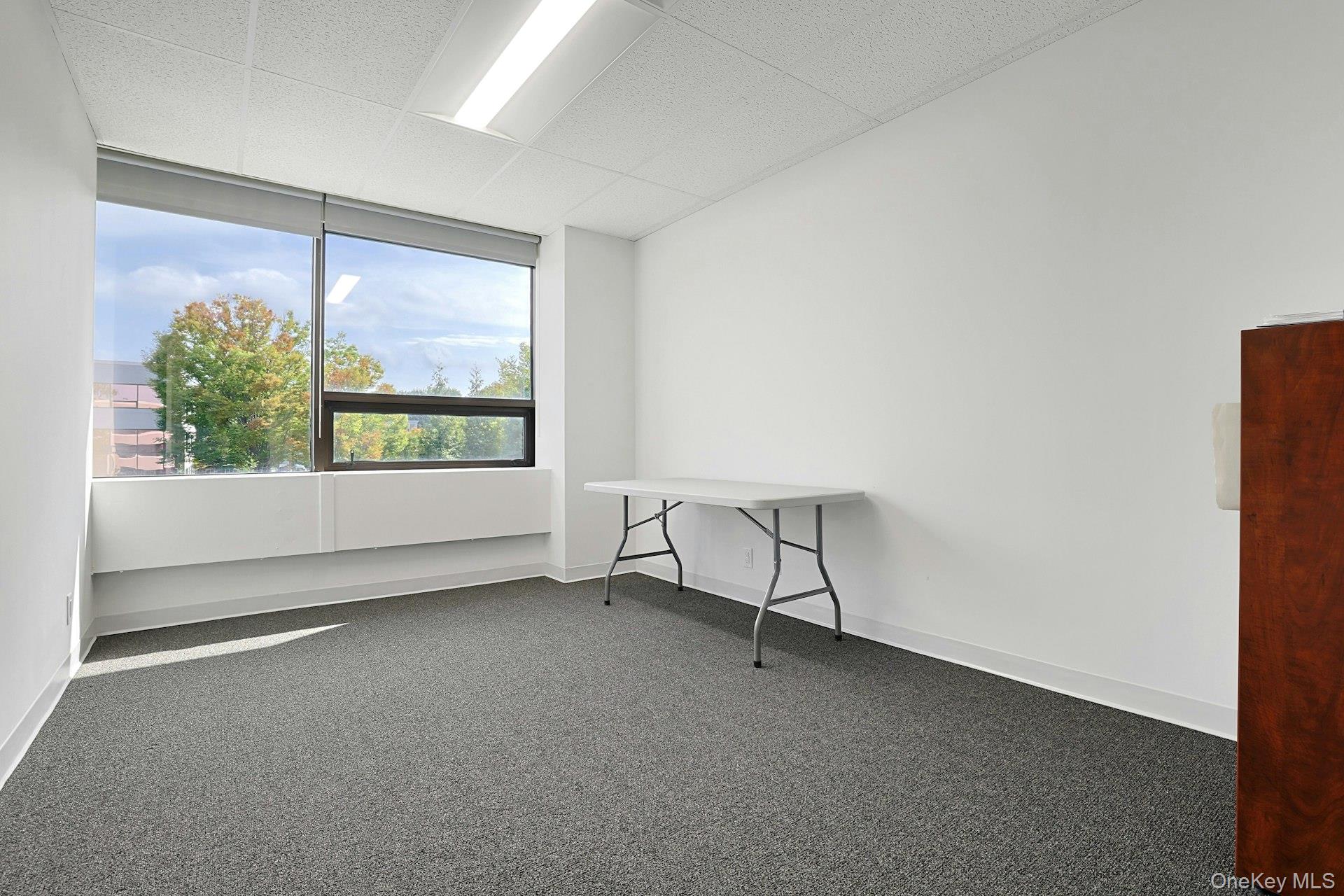 Unfurnished room featuring dark carpet and a drop ceiling