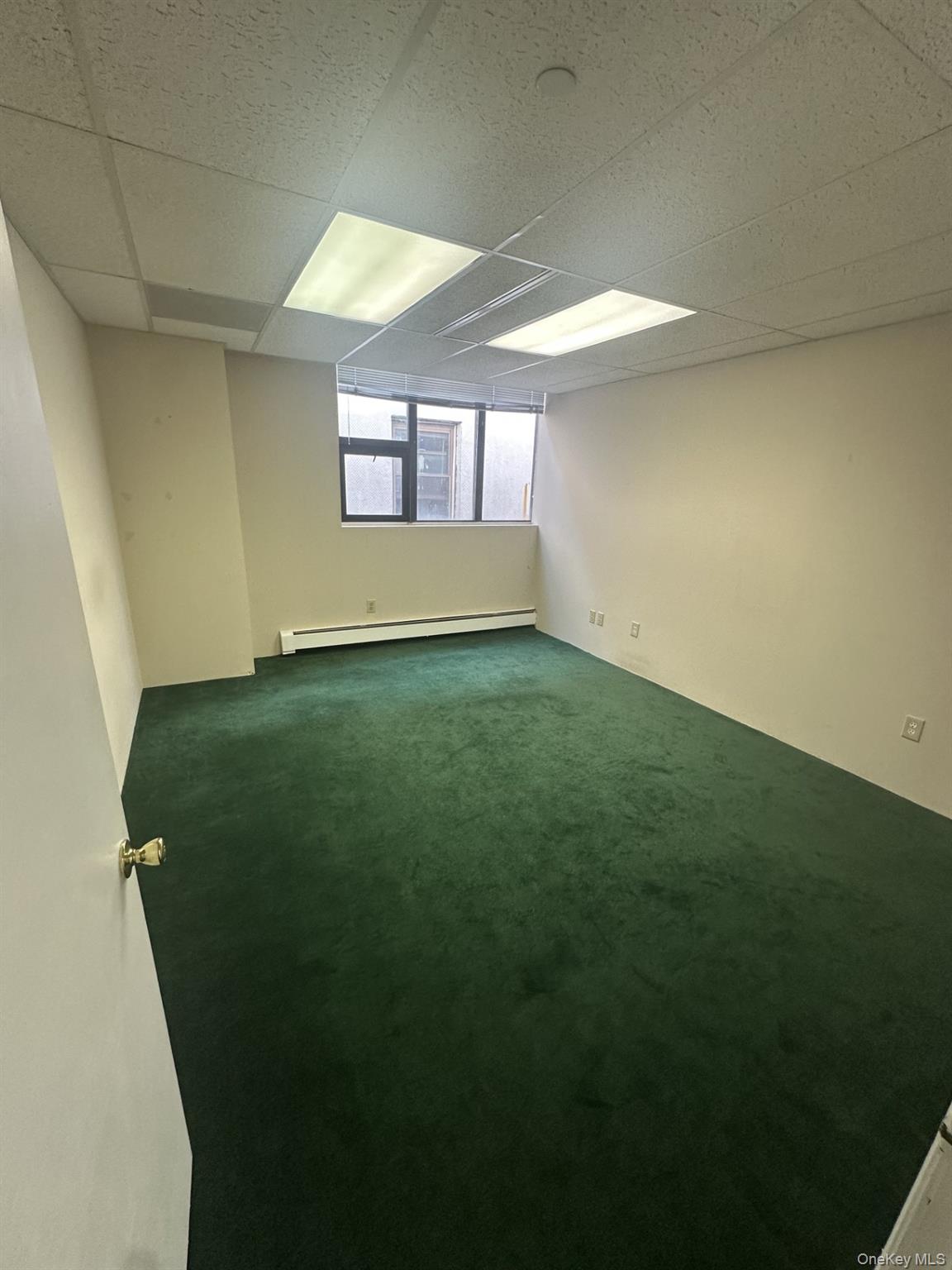 Carpeted spare room featuring a drop ceiling and a baseboard heating unit