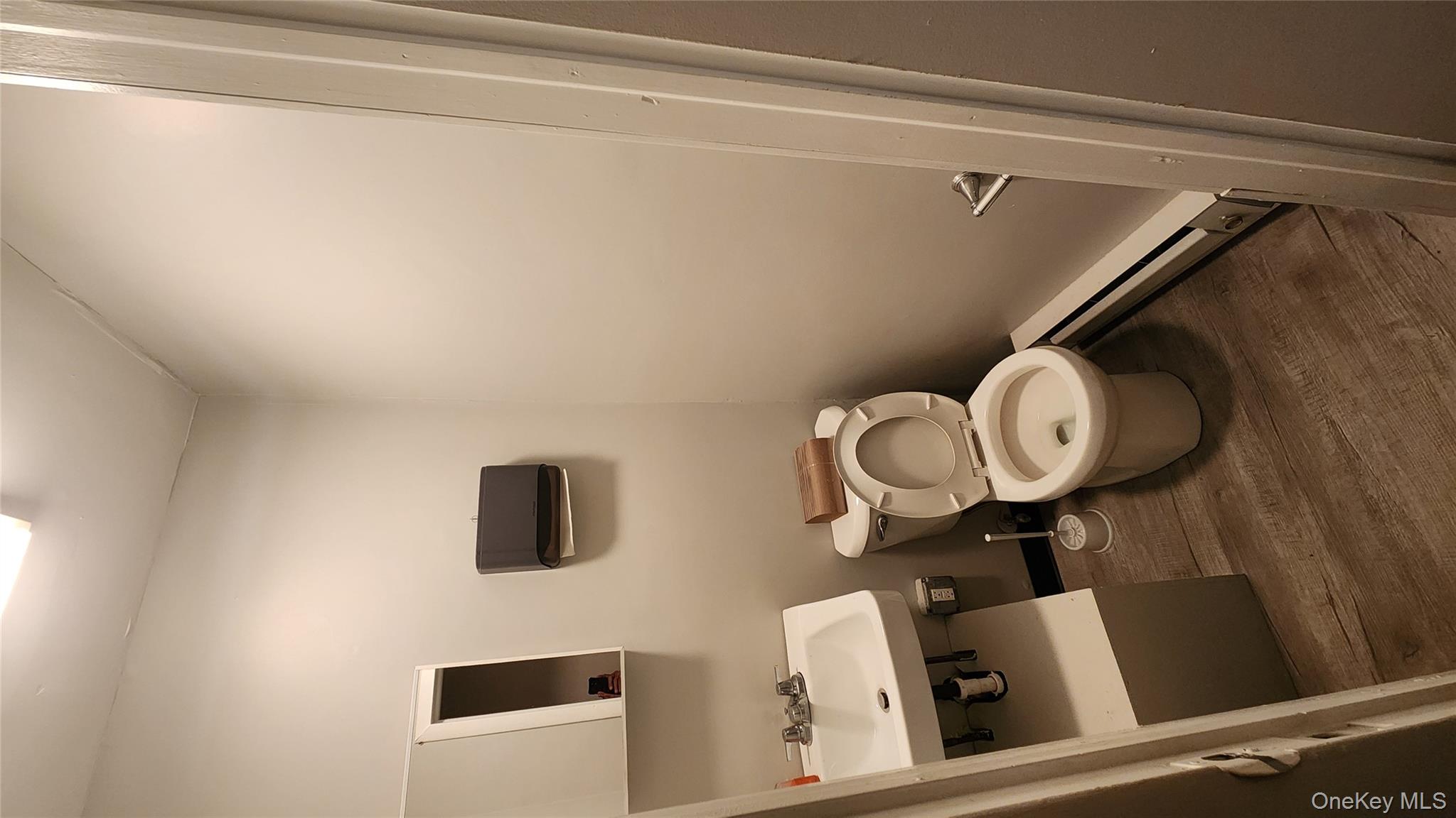 Bathroom with dark wood-style floors and a baseboard heating unit