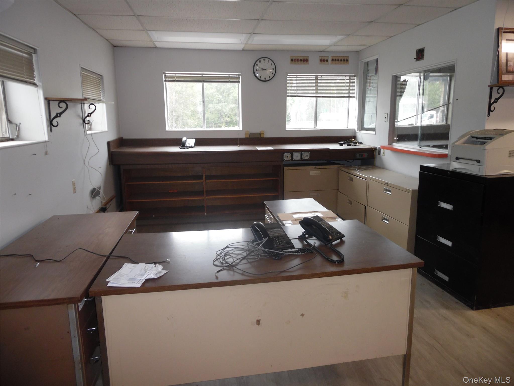 Kitchen featuring healthy amount of natural light, a drop ceiling, light wood-style floors, and dark countertops