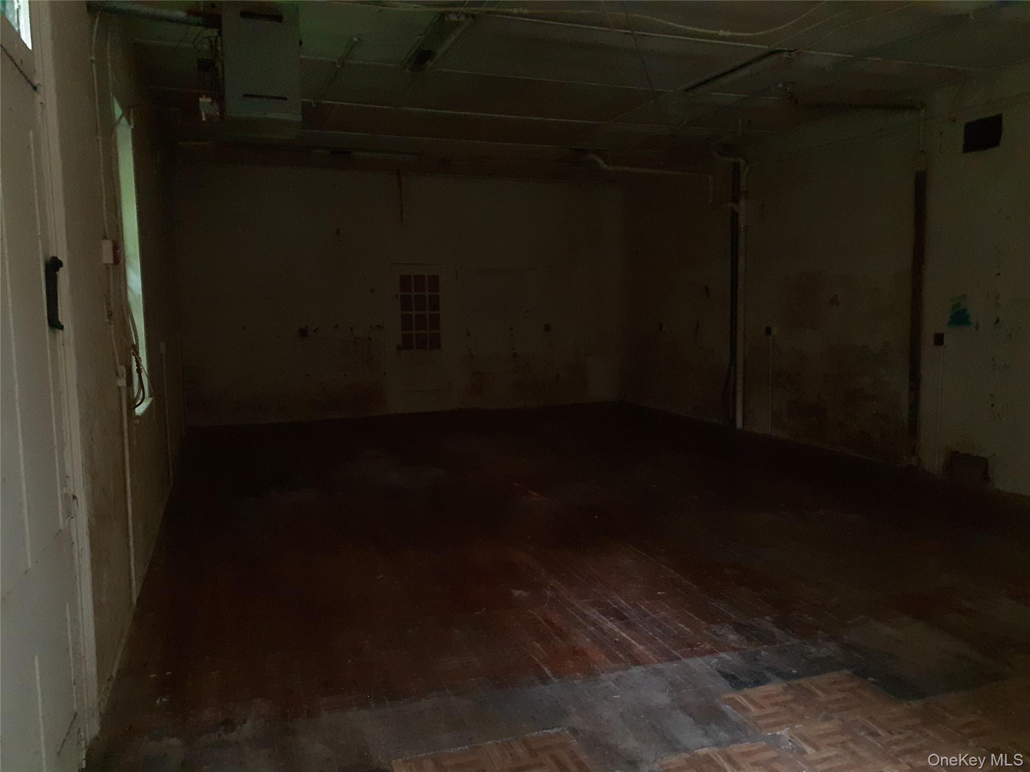 Basement with dark wood-style floors and a garage