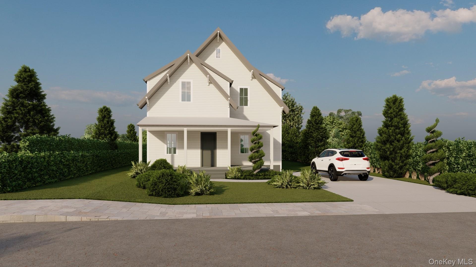 View of front of property with a porch, a front lawn, and concrete driveway