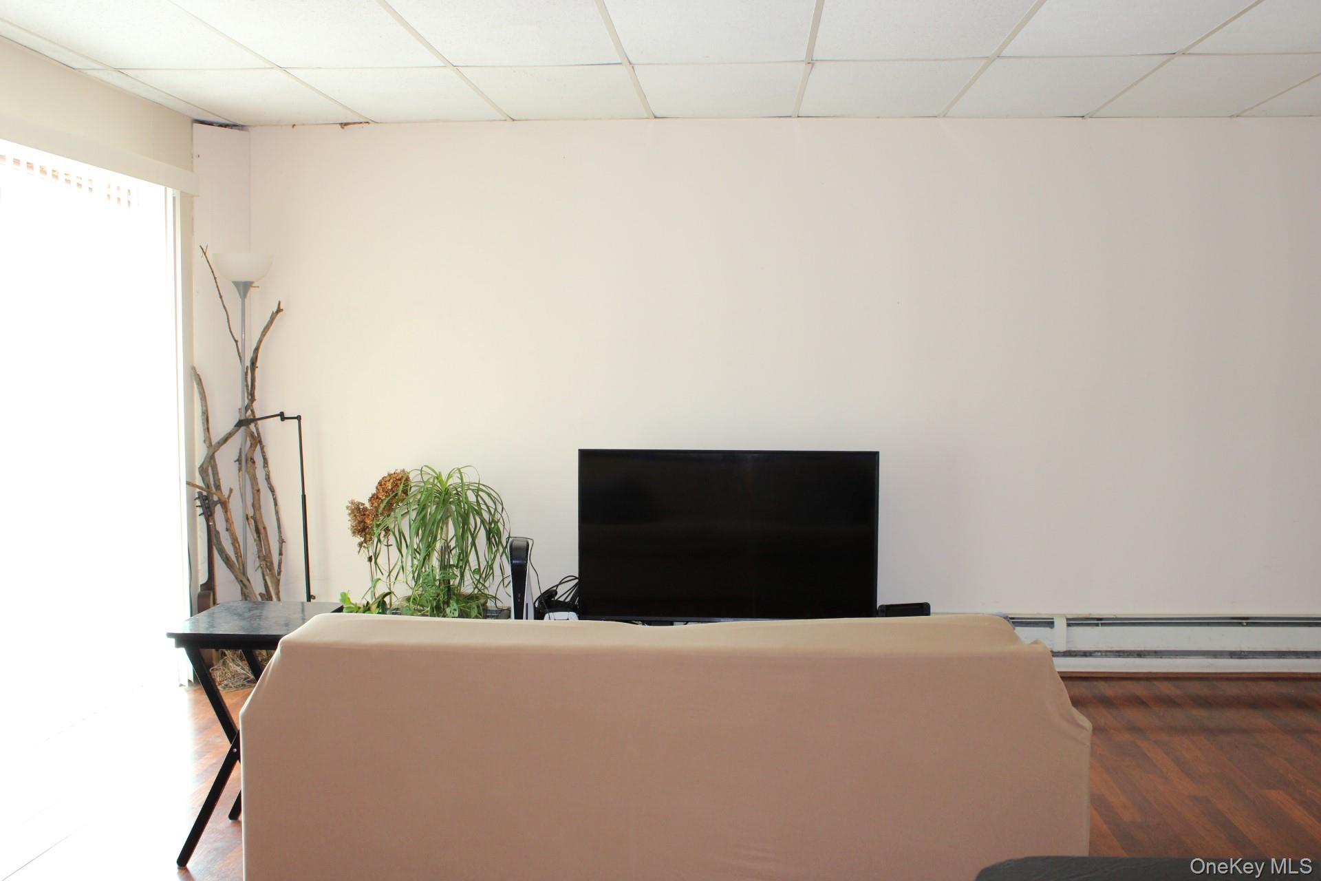 Living room with a baseboard radiator, wood finished floors, and a drop ceiling