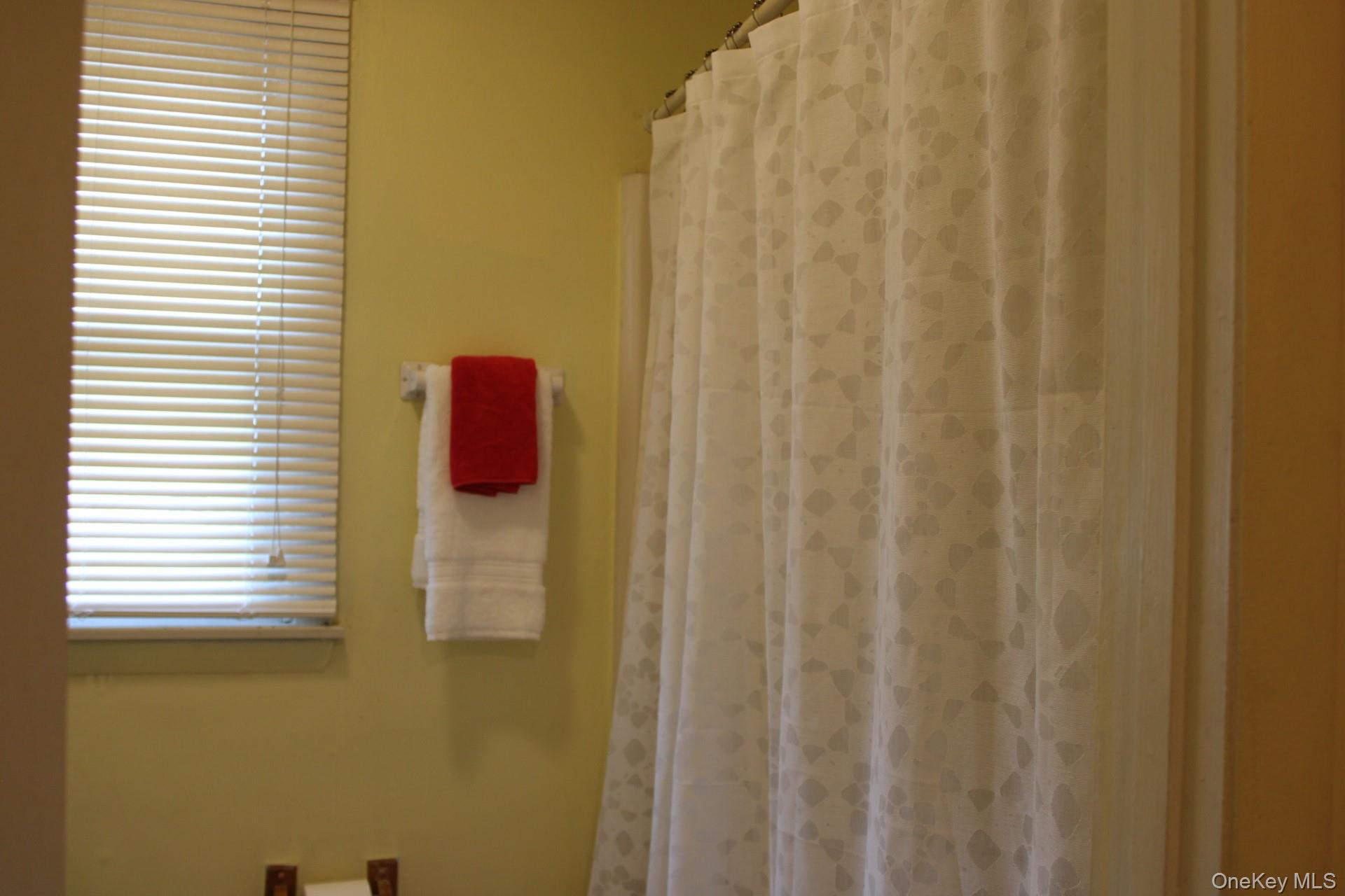 Full bathroom with curtained tub
