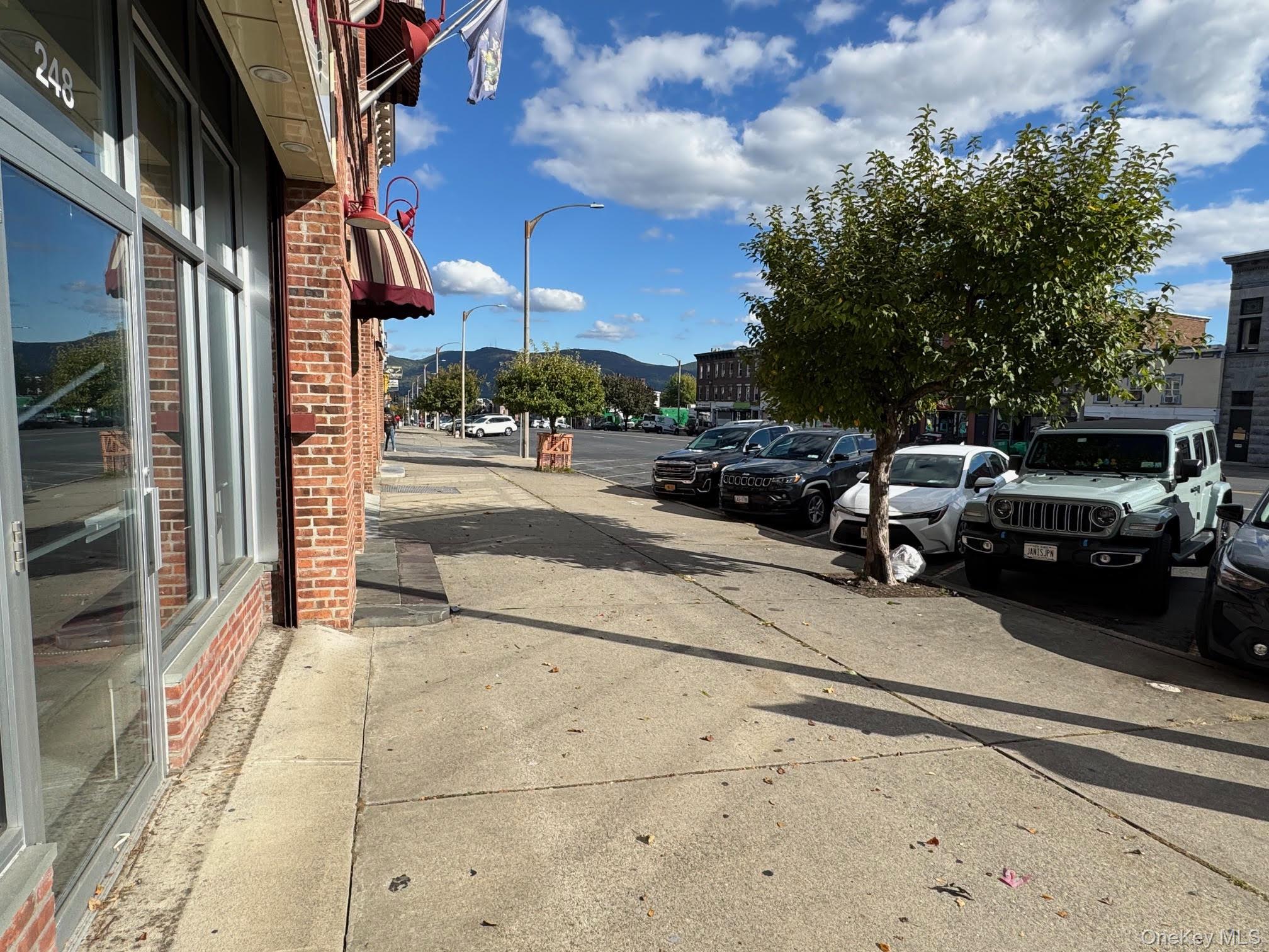 View of road featuring sidewalks, street lighting, a mountain view