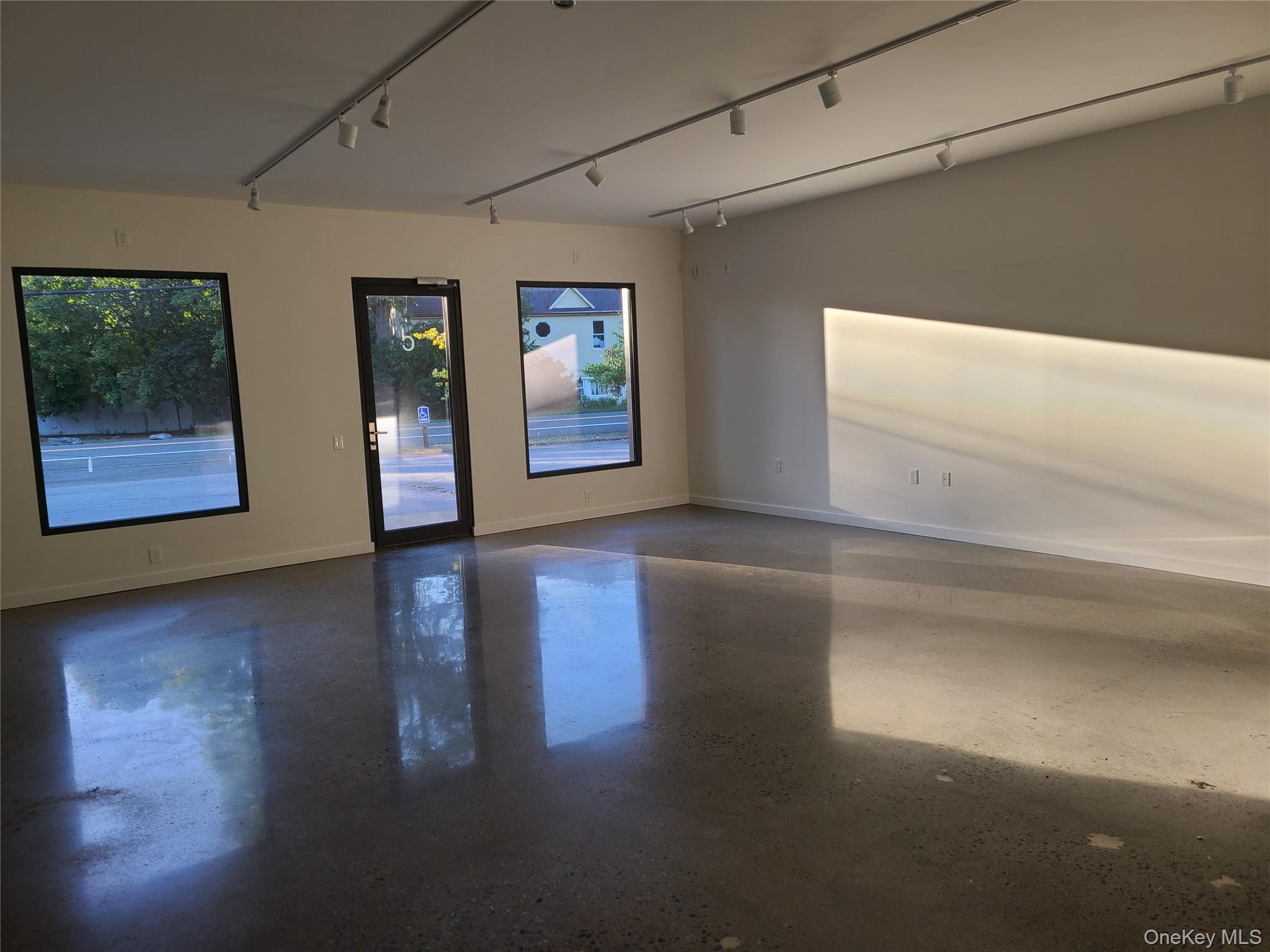 Unfurnished room with track lighting, plenty of natural light, and polisghed concrete flooring