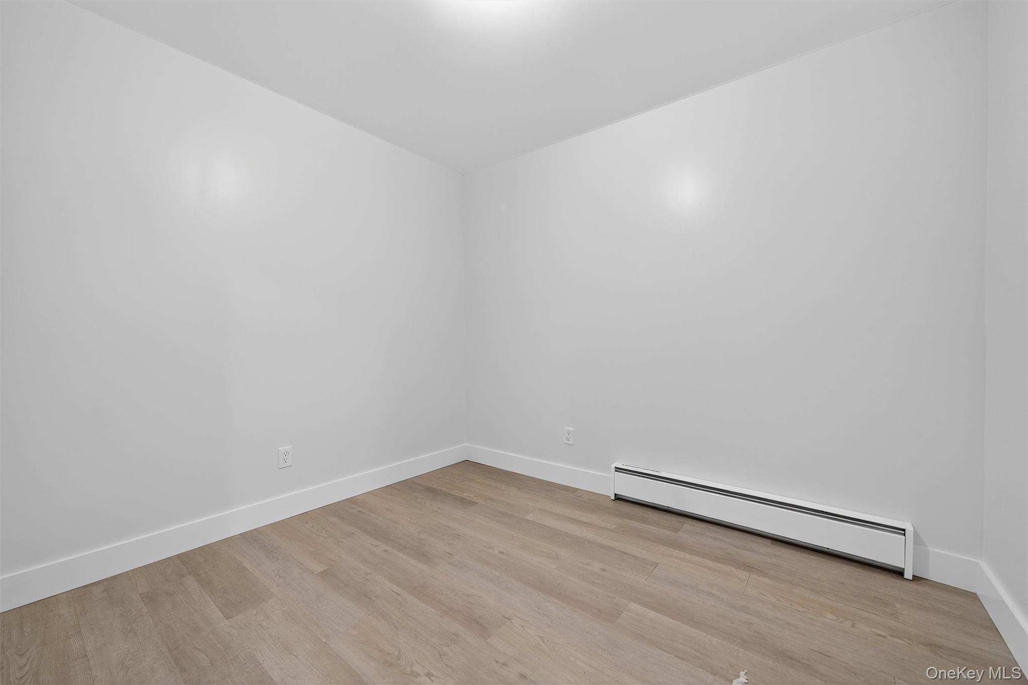 Unfurnished room featuring a baseboard radiator and light wood-style floors