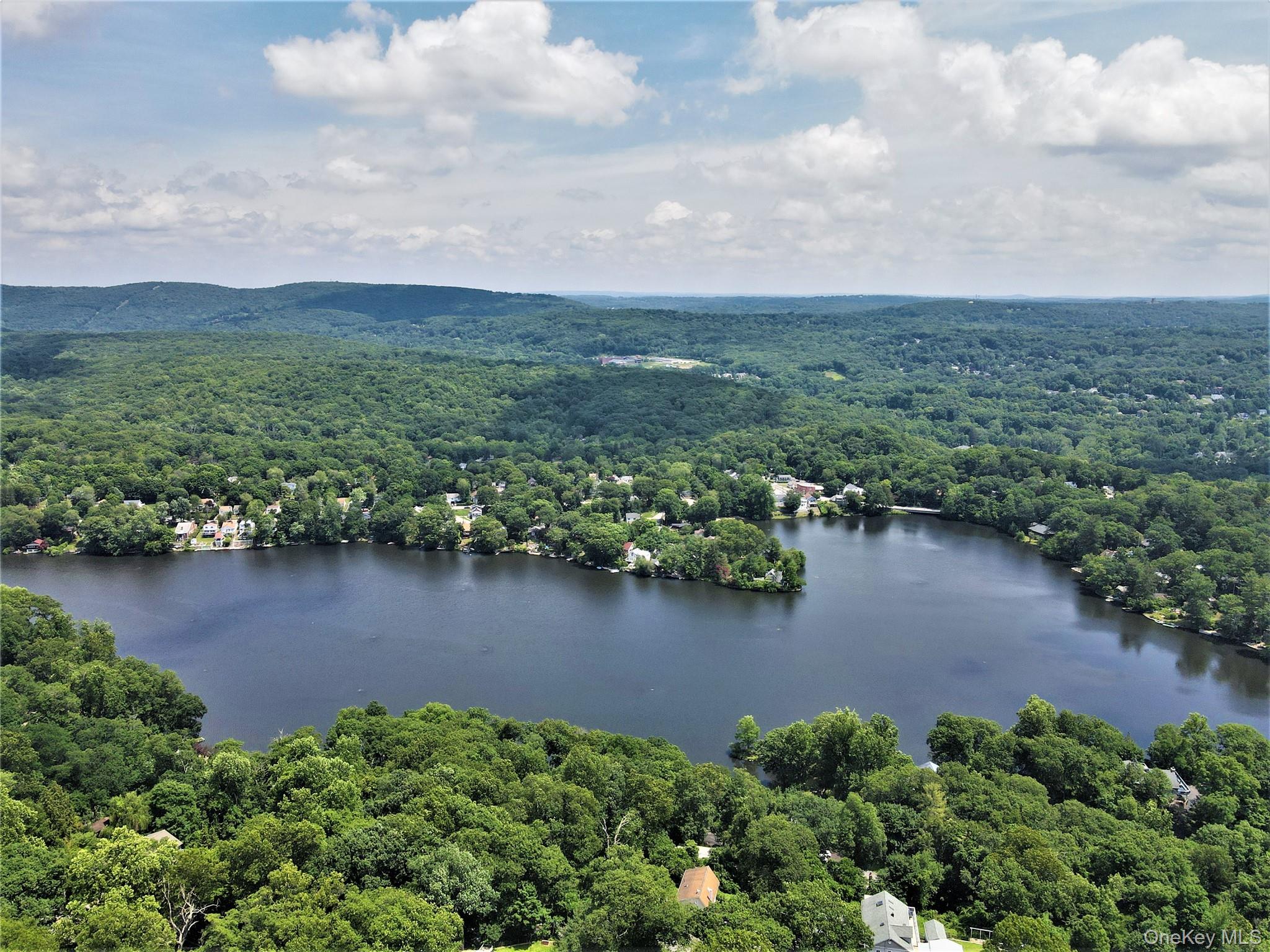Drone / aerial view of a heavily wooded area and a nearby body of water