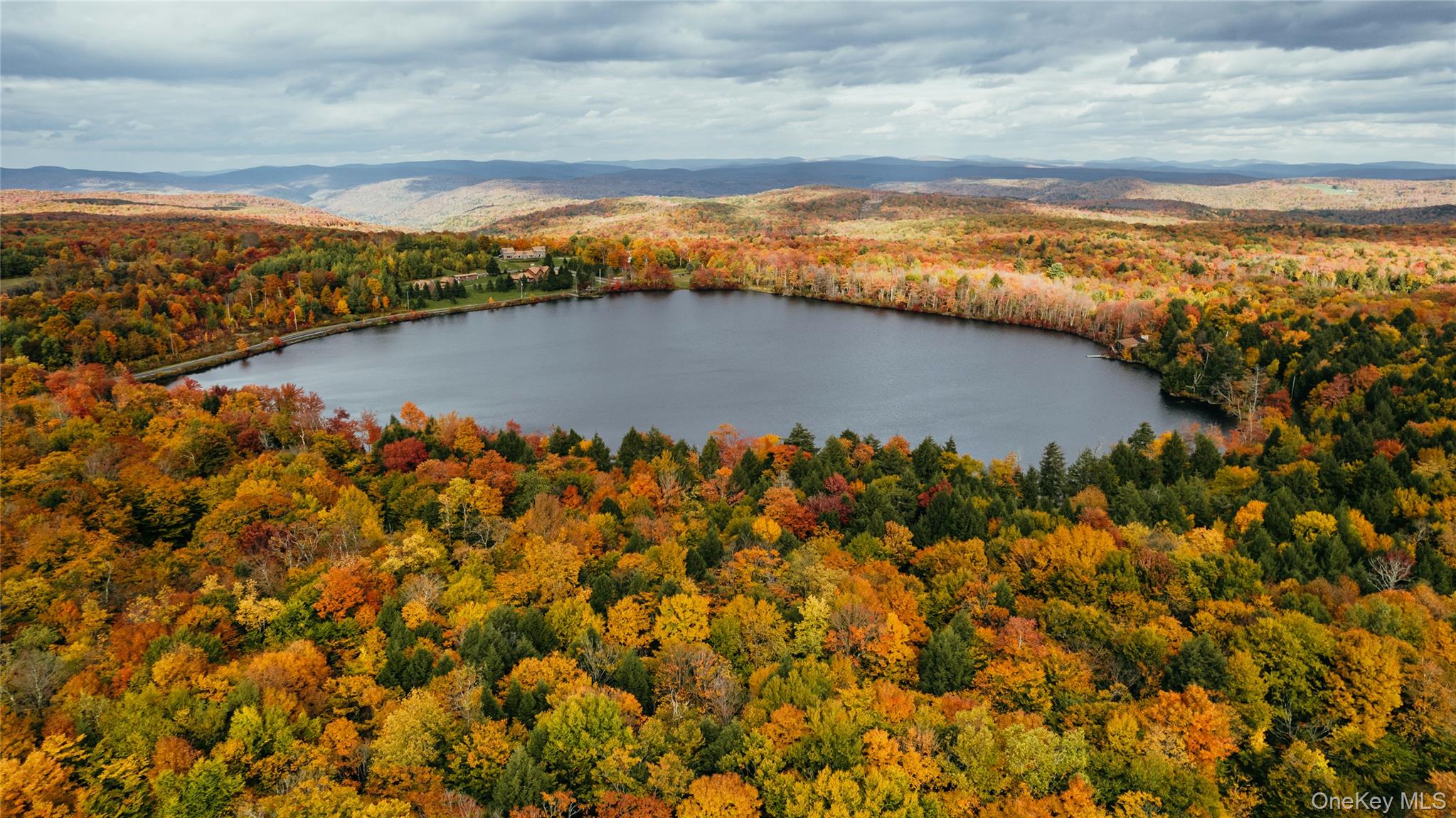 Aerial view of a water and mountain view and a heavily wooded area