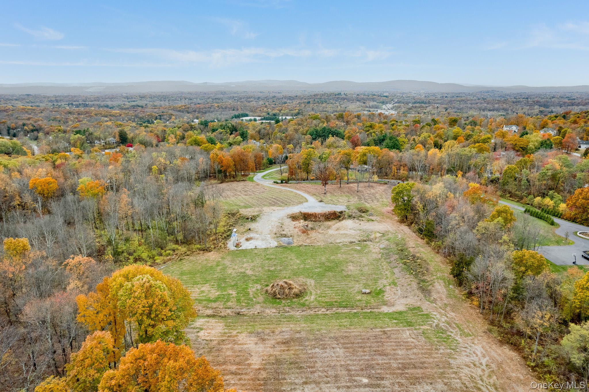 Aerial view of sparsely populated area featuring a forest and mountains