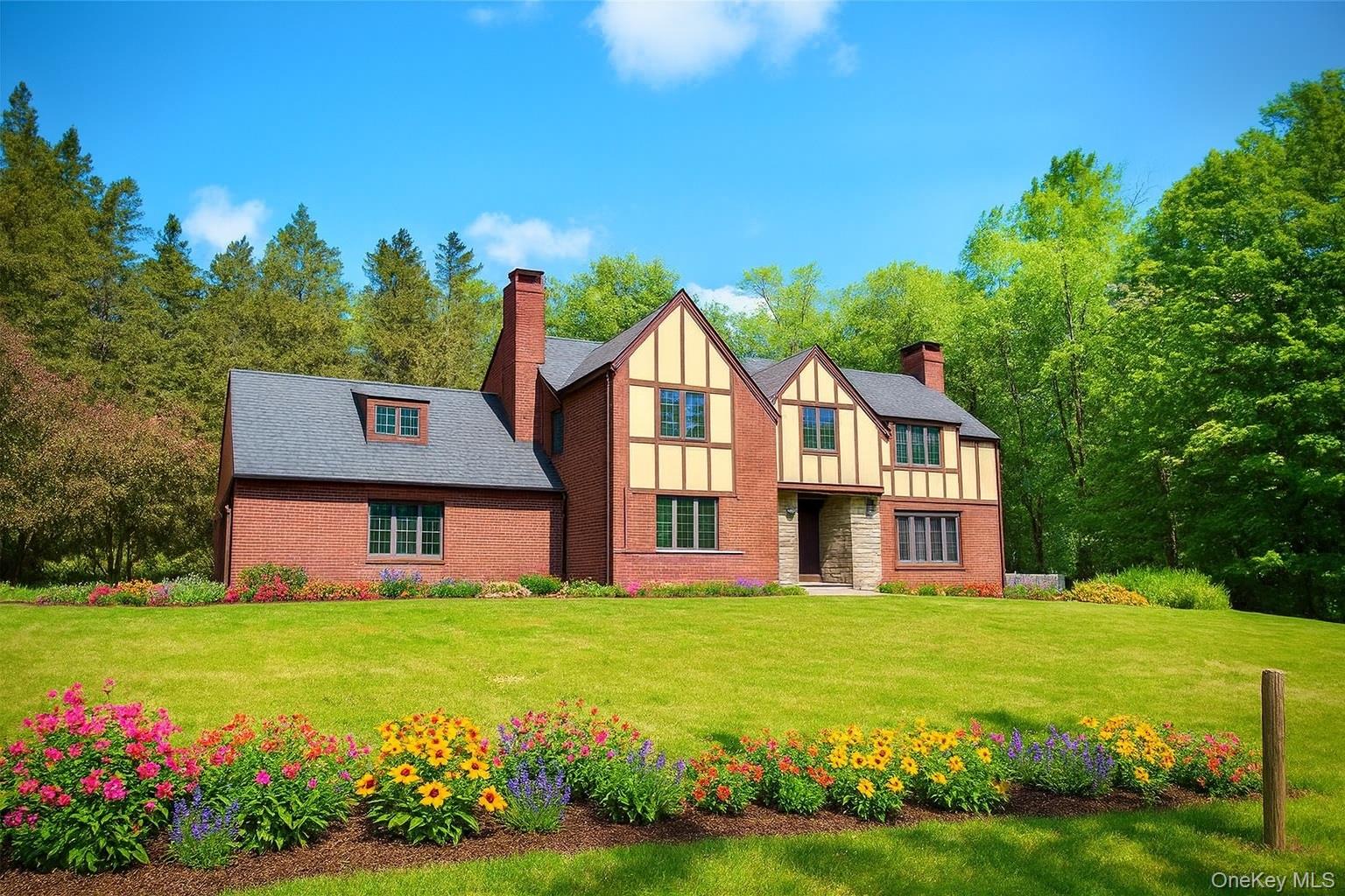 English style home with a chimney, board and batten siding, and a front lawn