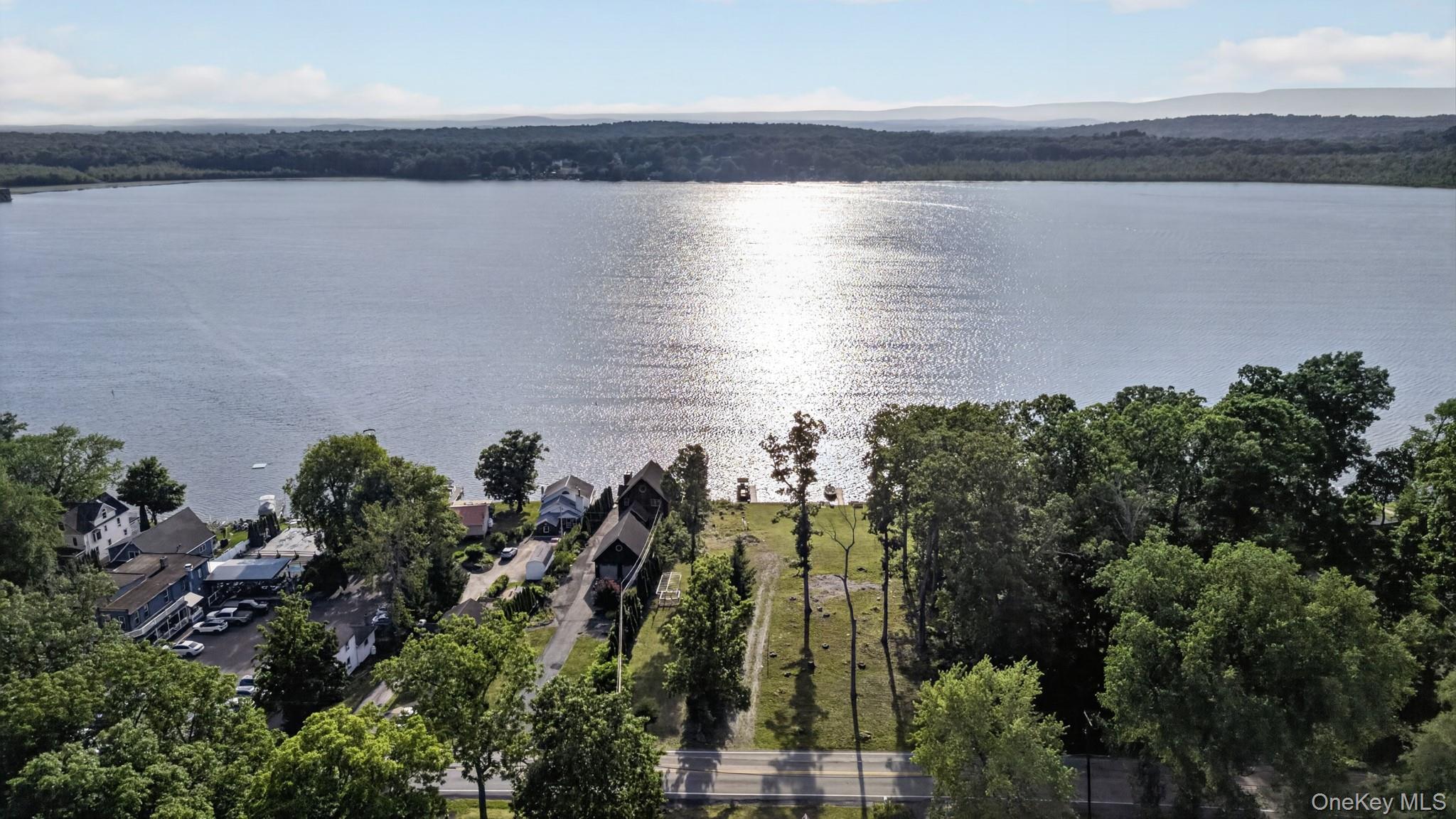 Expansive lake frontage with a cleared building site, mature trees, and direct road access